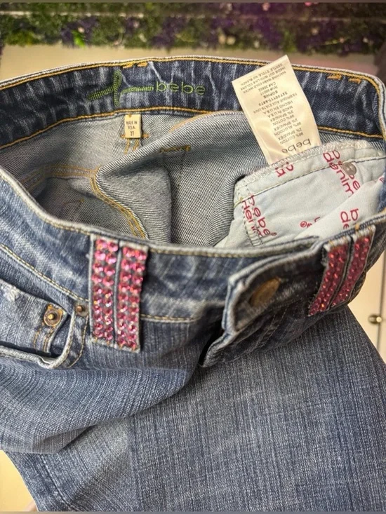 bebe Blue Denim Bootcut Jeans with Pink Rhinestone Logo - Picture 8 of 12